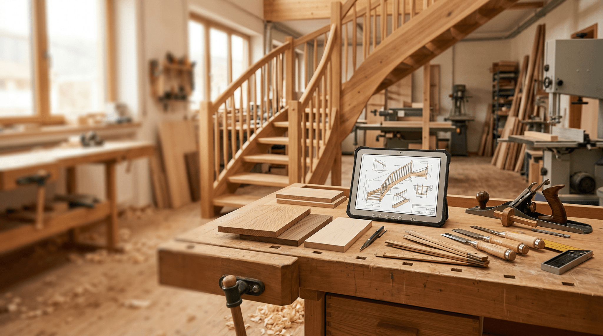 Schreinerei-Werkstatt mit Werkbank, Holzmuster und Treppenbau-Software auf dem Tablet