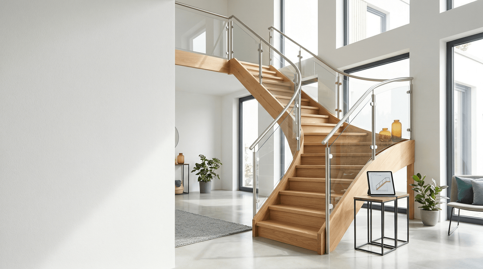 Moderne Holztreppe in hellem Wohnraum mit Treppenbau-Software auf dem Tablet